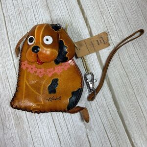 Dog Puppy Wristlet Purse Hawaiian Lei Zipper Brown Leather Small Child Coin Bag